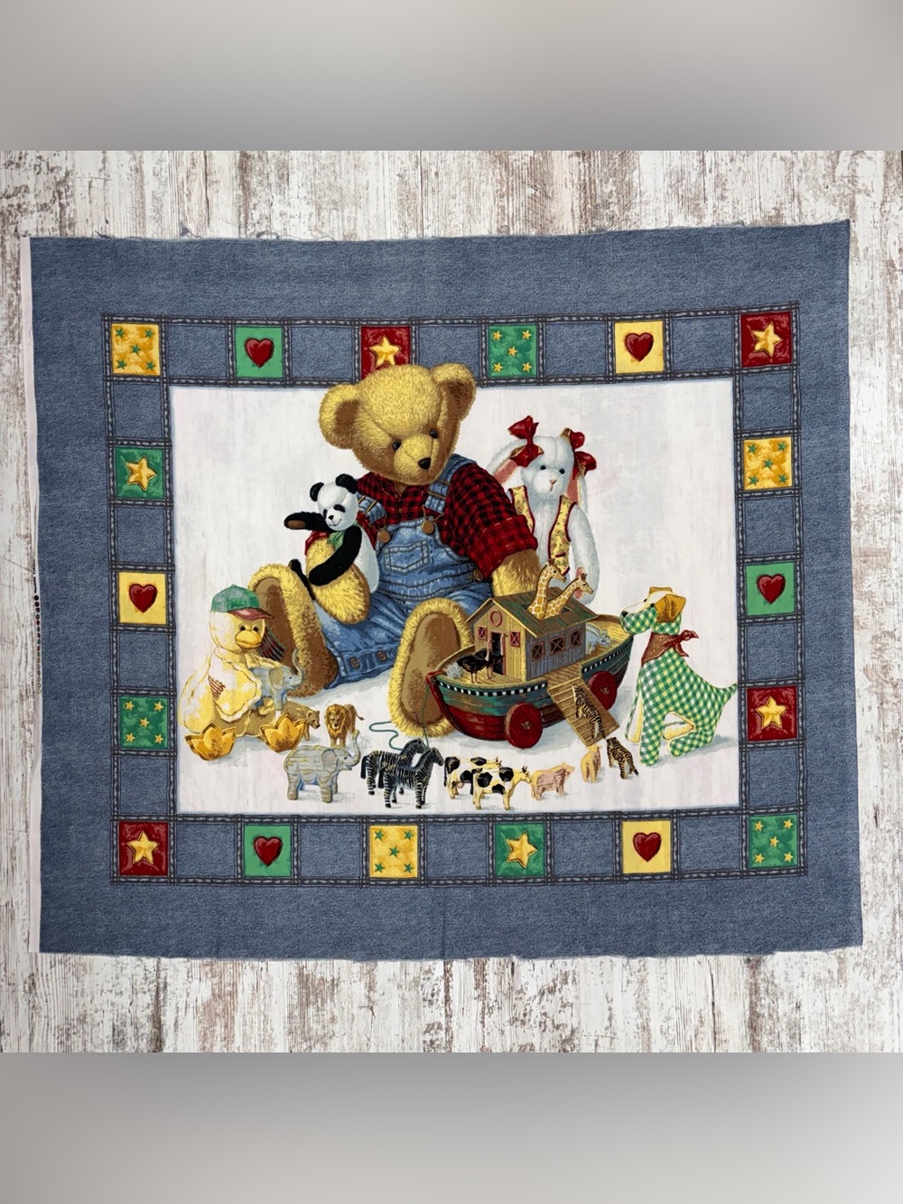 Vintage Blue Jean Teddy Bear Fabric Panel Cotton Baby Noah’s Ark Panel